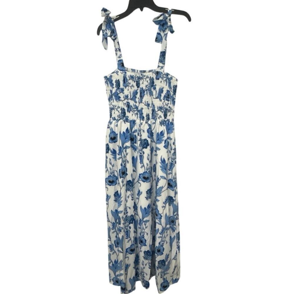 Blue & White Floral Smocked Tie Shoulder Flowy Midi Dress Large Cottage Summer